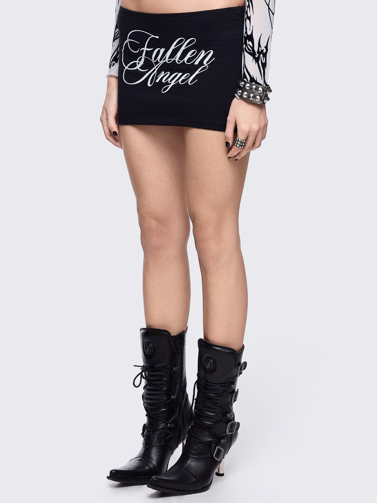 Black micro skirt with "Fallen angel" and wings print
