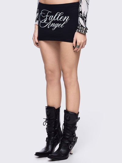 Black micro skirt with "Fallen angel" and wings print
