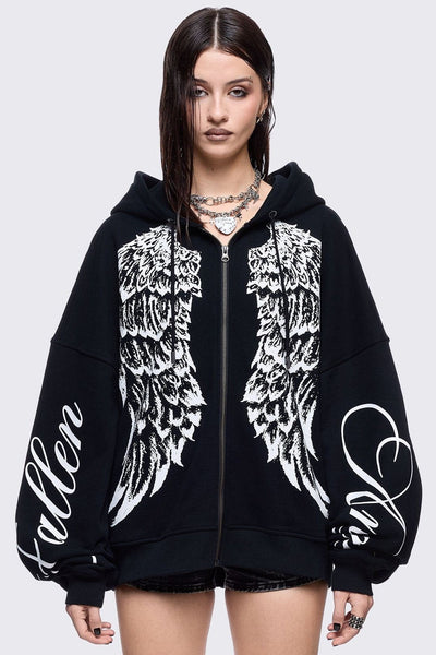 Black Zip Up Hoodie with White Wings Graphic | Minga London
