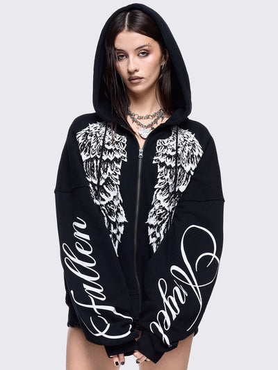 Black zip up hoodie jacket featuring a white wings graphic front print and "fallen angel" on sleeves