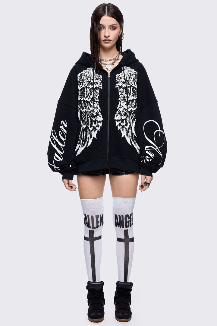 Black Zip Up Hoodie with White Wings Graphic | Minga London