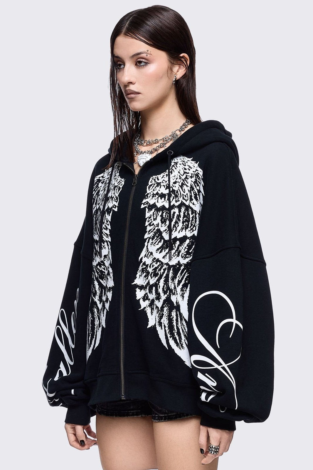 Black Zip Up Hoodie with White Wings Graphic | Minga London