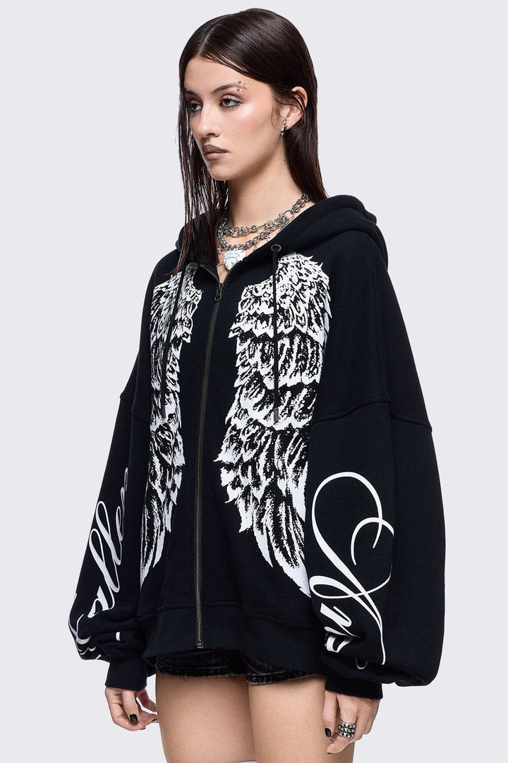 Black Zip Up Hoodie with White Wings Graphic | Minga London