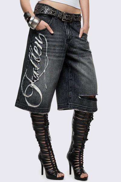Black Washed Jorts With Embroidery | Minga London