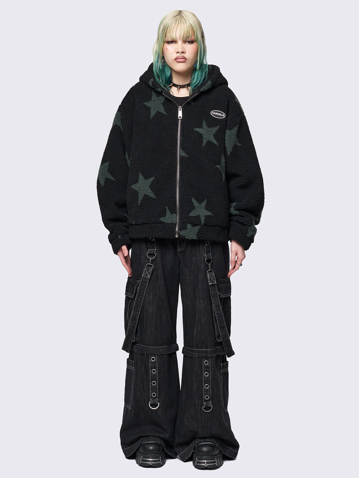 Fleece hoodie borg jacket in black with all over stars design in green