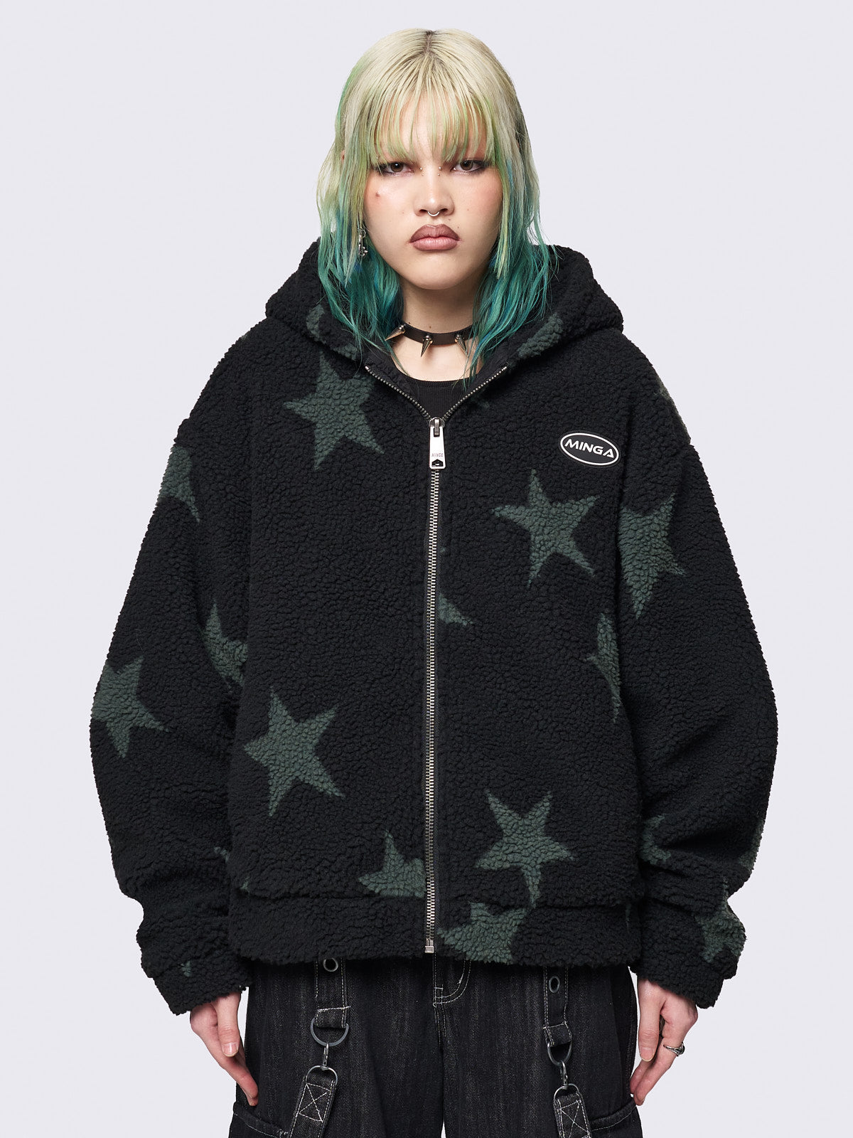 Fleece hoodie borg jacket in black with all over stars design in green