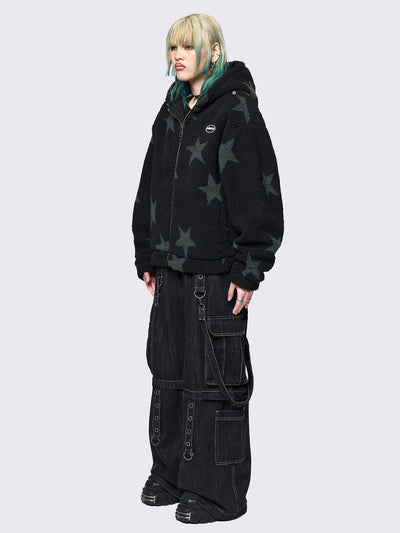 Fleece hoodie borg jacket in black with all over stars design in green