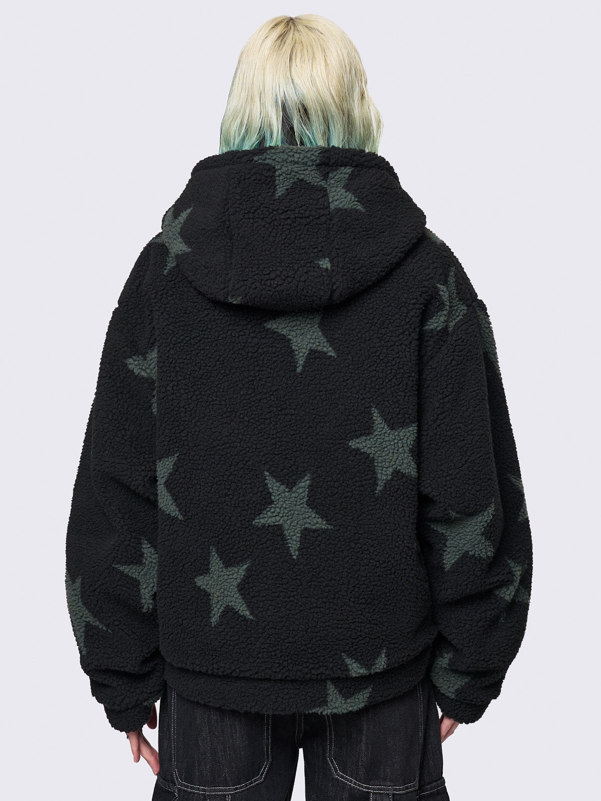 Fleece hoodie borg jacket in black with all over stars design in green