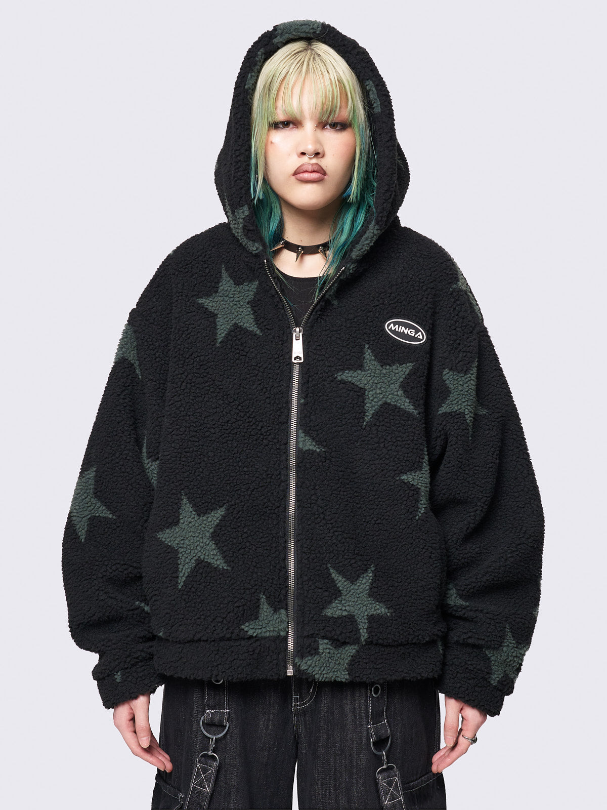 Fleece hoodie borg jacket in black with all over stars design in green