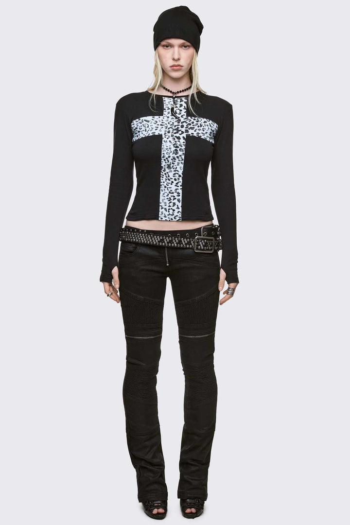 Black Long Sleeve Top with Leopard Cross Graphic | Minga London