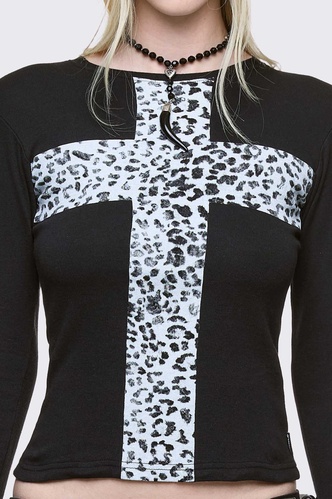 Black Long Sleeve Top with Leopard Cross Graphic | Minga London