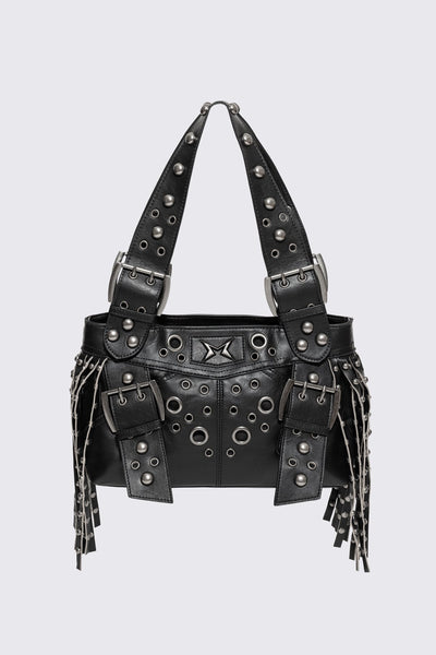 Black Studded Shoulder Bag With Fringe | Minga London