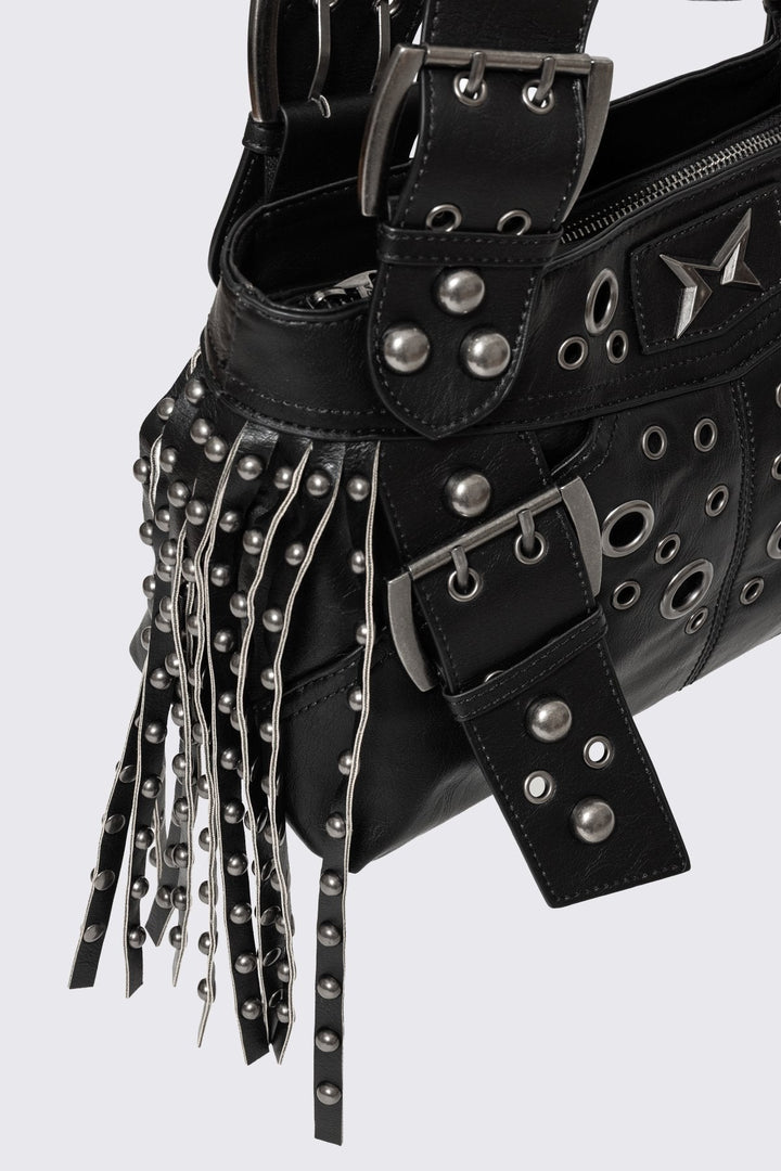 Black Studded Shoulder Bag With Fringe | Minga London