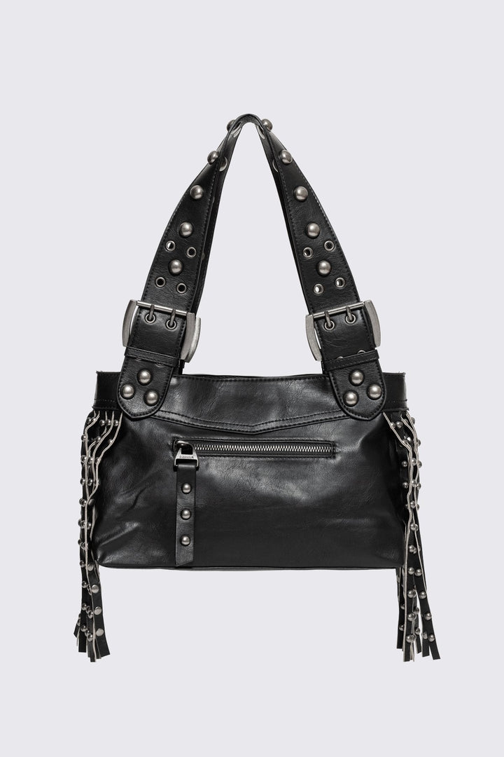 Black Studded Shoulder Bag With Fringe | Minga London