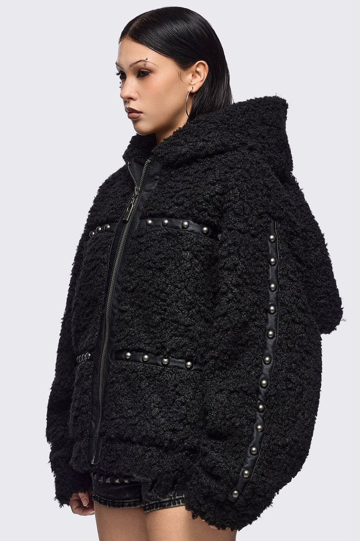 eimyファーオープントゥミュール ファーもこもこ黒 Black Faux Fur Plush Bunny Ear Jacket | Minga London – Minga London US