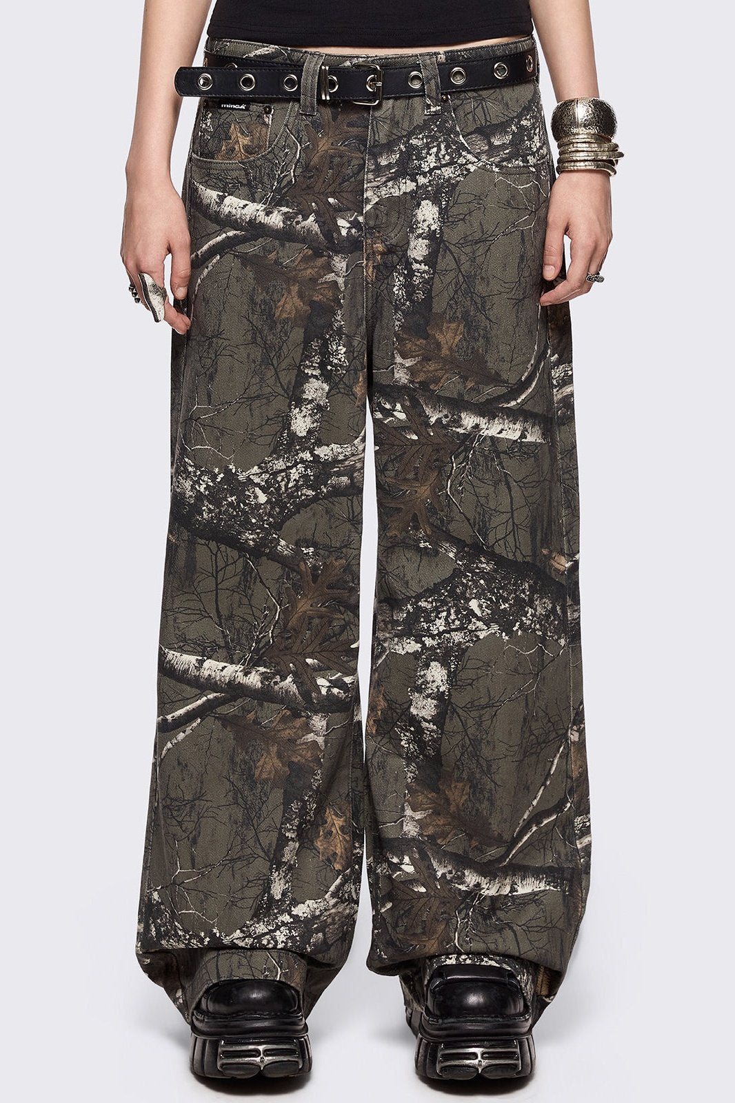 Forest tree camo printed baggy jeans.