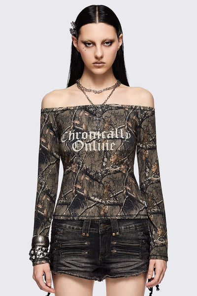 Forest Tree Camo Printed Off Shoulder Graphic Top | Minga London
