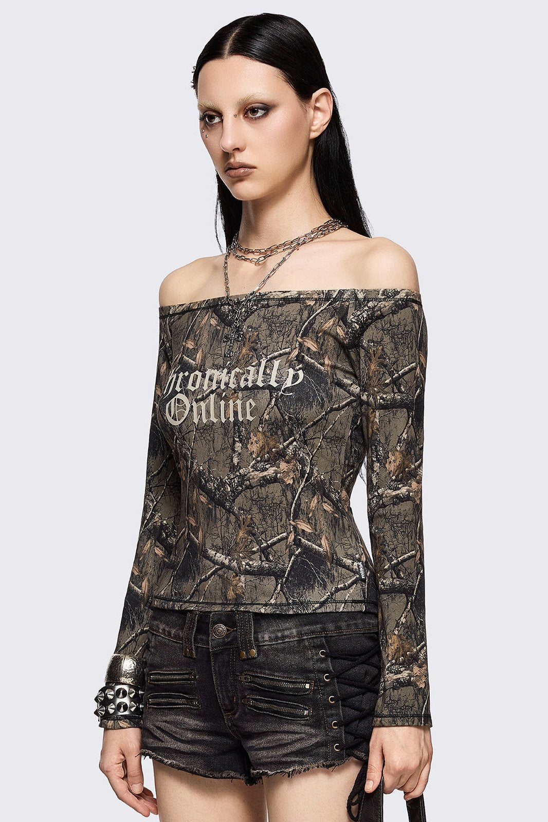 Forest Tree Camo Printed Off Shoulder Graphic Top | Minga London