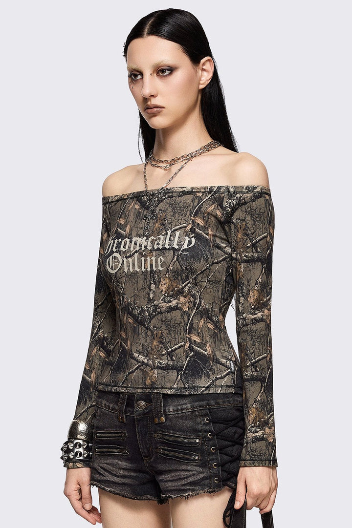 Forest Tree Camo Printed Off Shoulder Graphic Top | Minga London