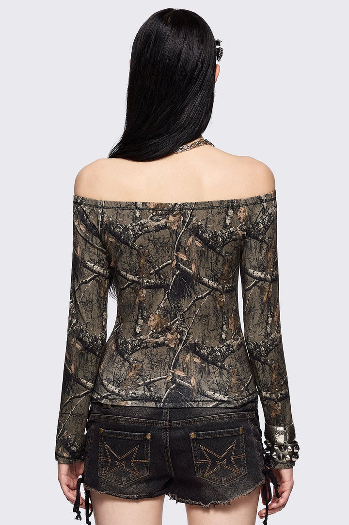 Forest Tree Camo Printed Off Shoulder Graphic Top | Minga London