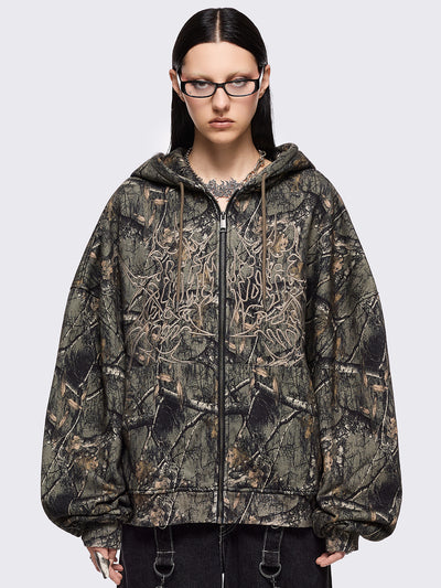 Forest tree camo print zip up hoodie jacket with sigilism graphic front embroidery.