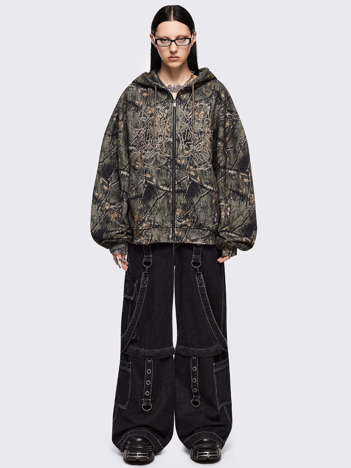 Forest tree camo print zip up hoodie jacket with sigilism graphic front embroidery.