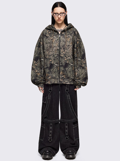 Forest tree camo print zip up hoodie jacket with sigilism graphic front embroidery.