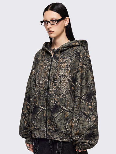 Forest tree camo print zip up hoodie jacket with sigilism graphic front embroidery.