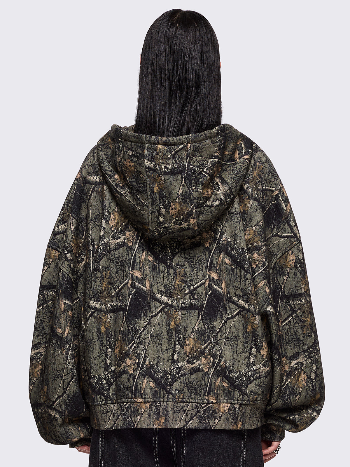 Forest tree camo print zip up hoodie jacket with sigilism graphic front embroidery.