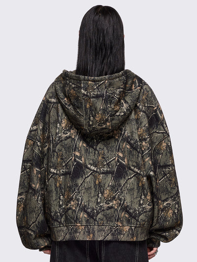 Forest tree camo print zip up hoodie jacket with sigilism graphic front embroidery.
