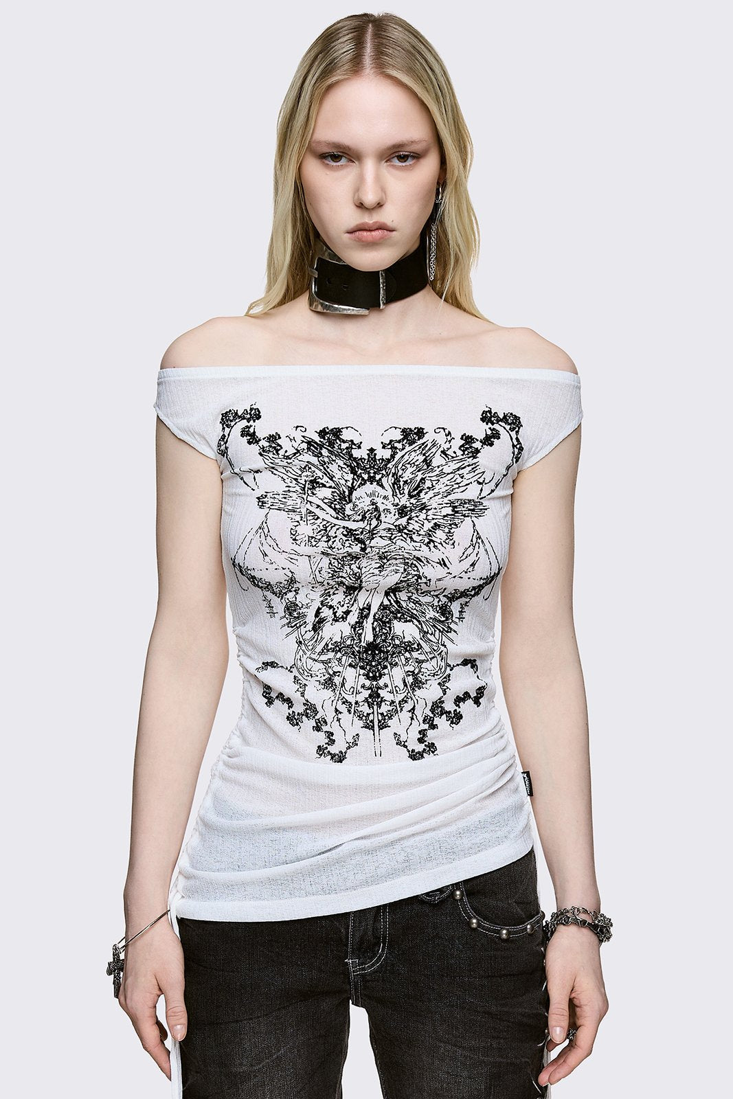 Off-shoulder top in off-white polyester with goth graphic print and ruched tie sides, slim-fit Y2K goth style.