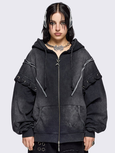 Black washed zip up hoodie. Featuring a layered effect, with selver eyelets, lace ups and seams details. 