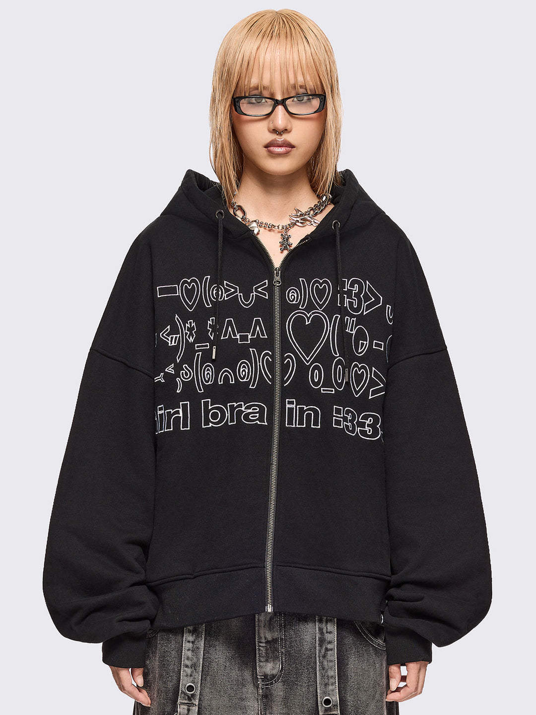ming ページ Oversized Graphic Zip Up Hoodie with Kaomoji Ascii