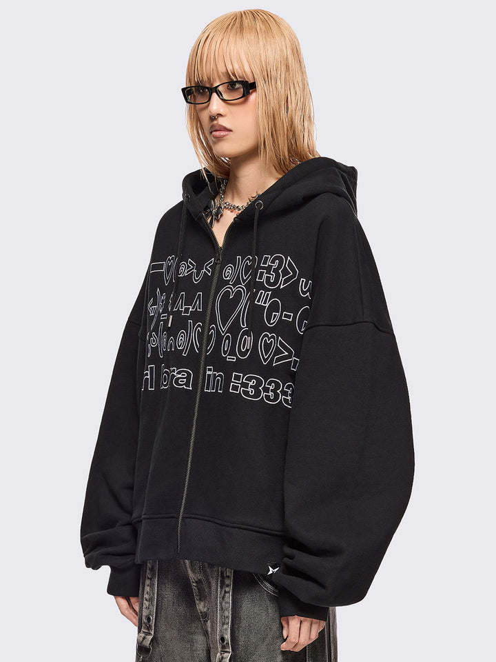 Oversized Graphic Zip Up Hoodie with Kaomoji Ascii