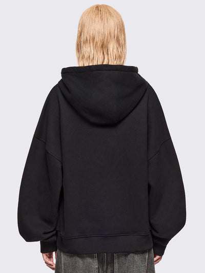 Black zip up hoodie jacket featuring a kaomoji ASCII-style embroidery in white.