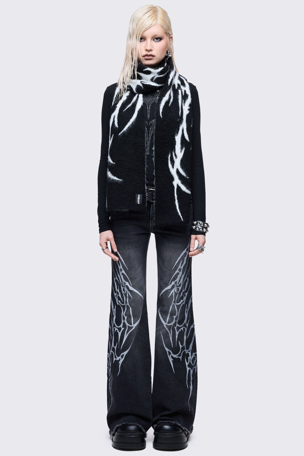 Black Fuzzy Scarf With White Cyber Sigils | Minga London – Minga