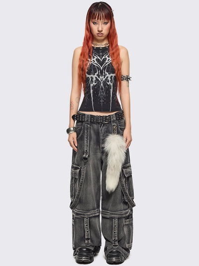 Black tank top with sigilism heart front print and eyelet trim details.
