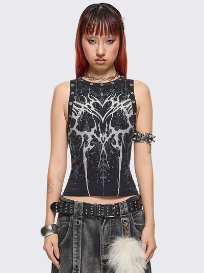 Black tank top with sigilism heart front print and eyelet trim details.