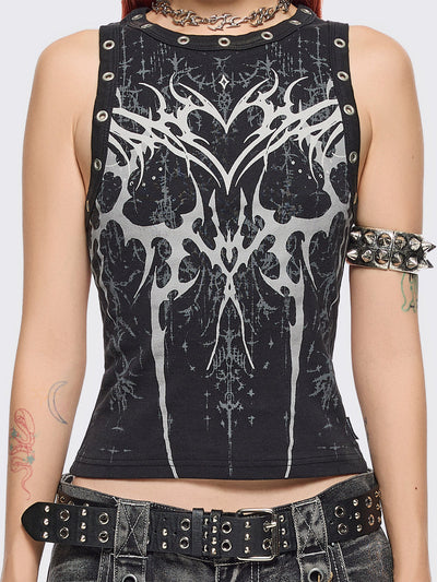 Black tank top with sigilism heart front print and eyelet trim details.