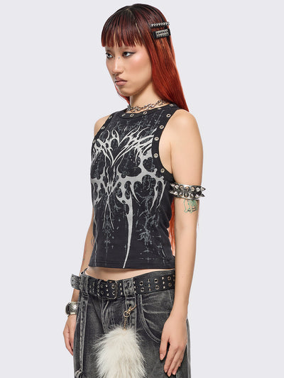 Black tank top with sigilism heart front print and eyelet trim details.