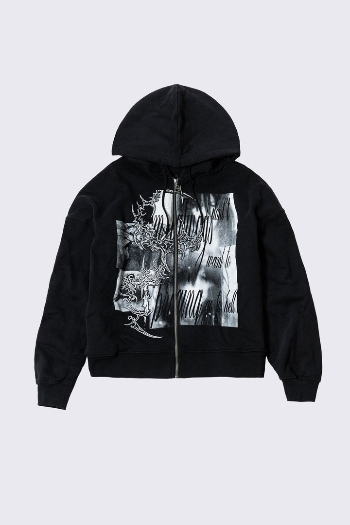 Black Zip Up Hoodie With Grunge Print | Minga London