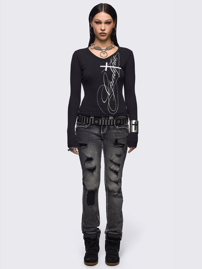 Black ribbed long sleeve top featuring "Grateful" cross graphic front print and v-neck.