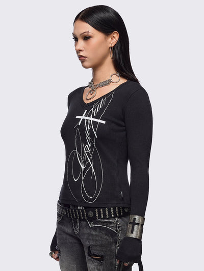 Black ribbed long sleeve top featuring "Grateful" cross graphic front print and v-neck.
