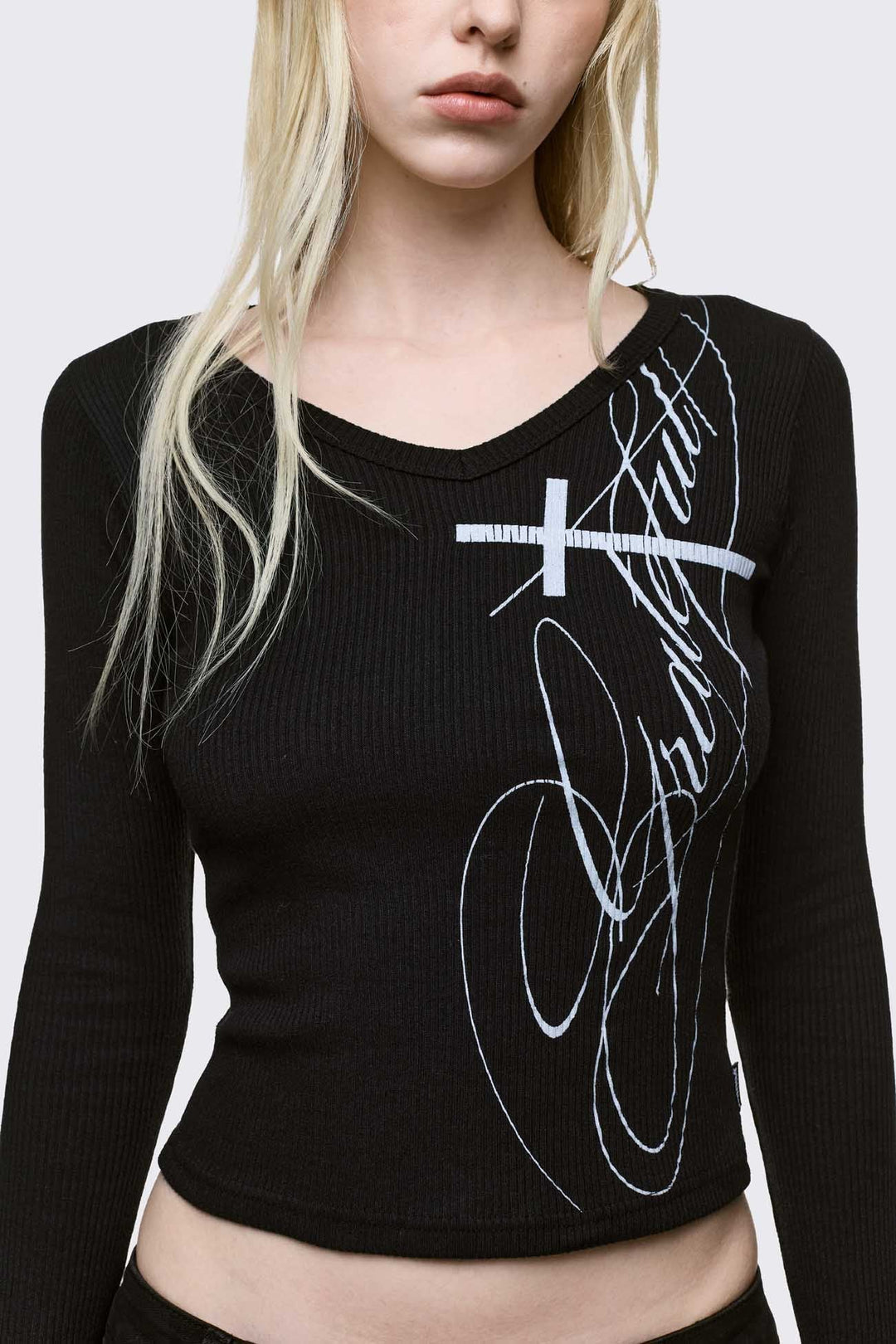 Black Long Sleeve Top with White Cross Graphic | Minga London