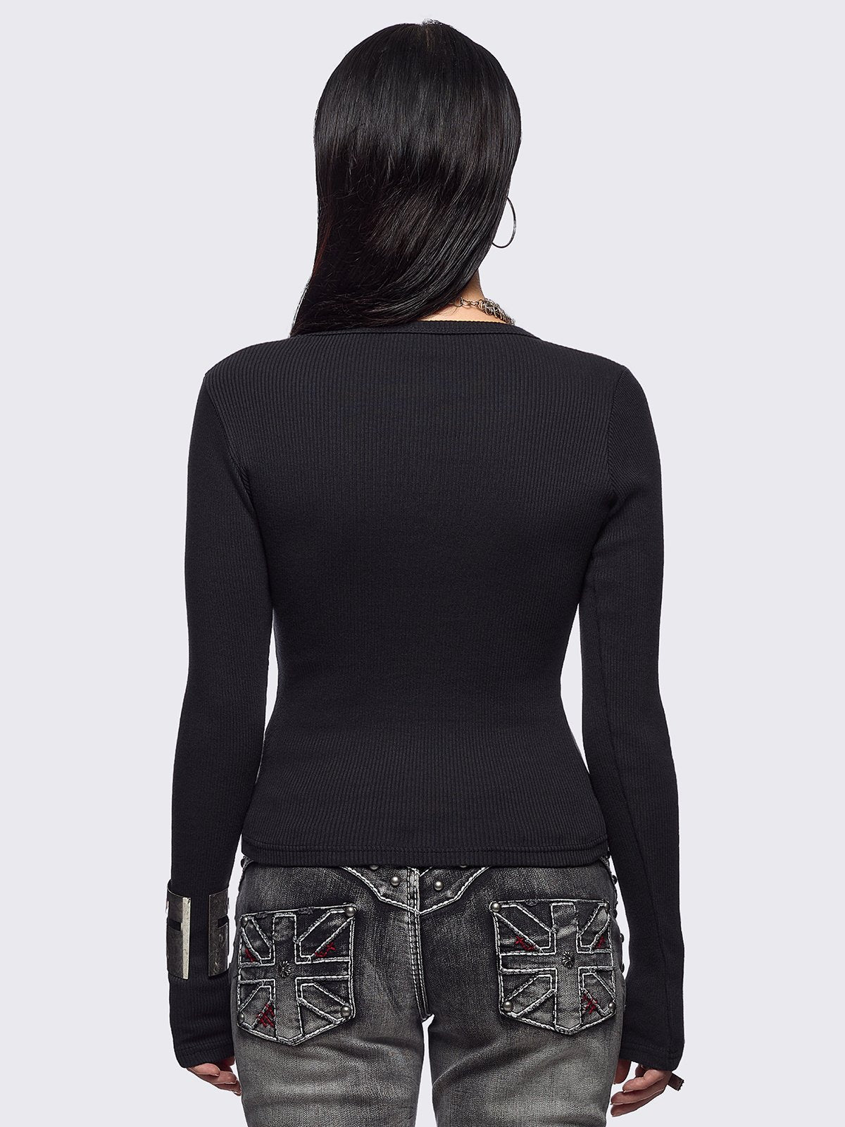 Black ribbed long sleeve top featuring "Grateful" cross graphic front print and v-neck.