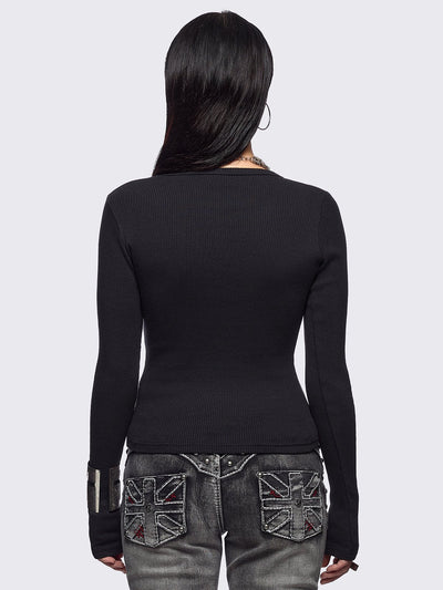 Black ribbed long sleeve top featuring "Grateful" cross graphic front print and v-neck.