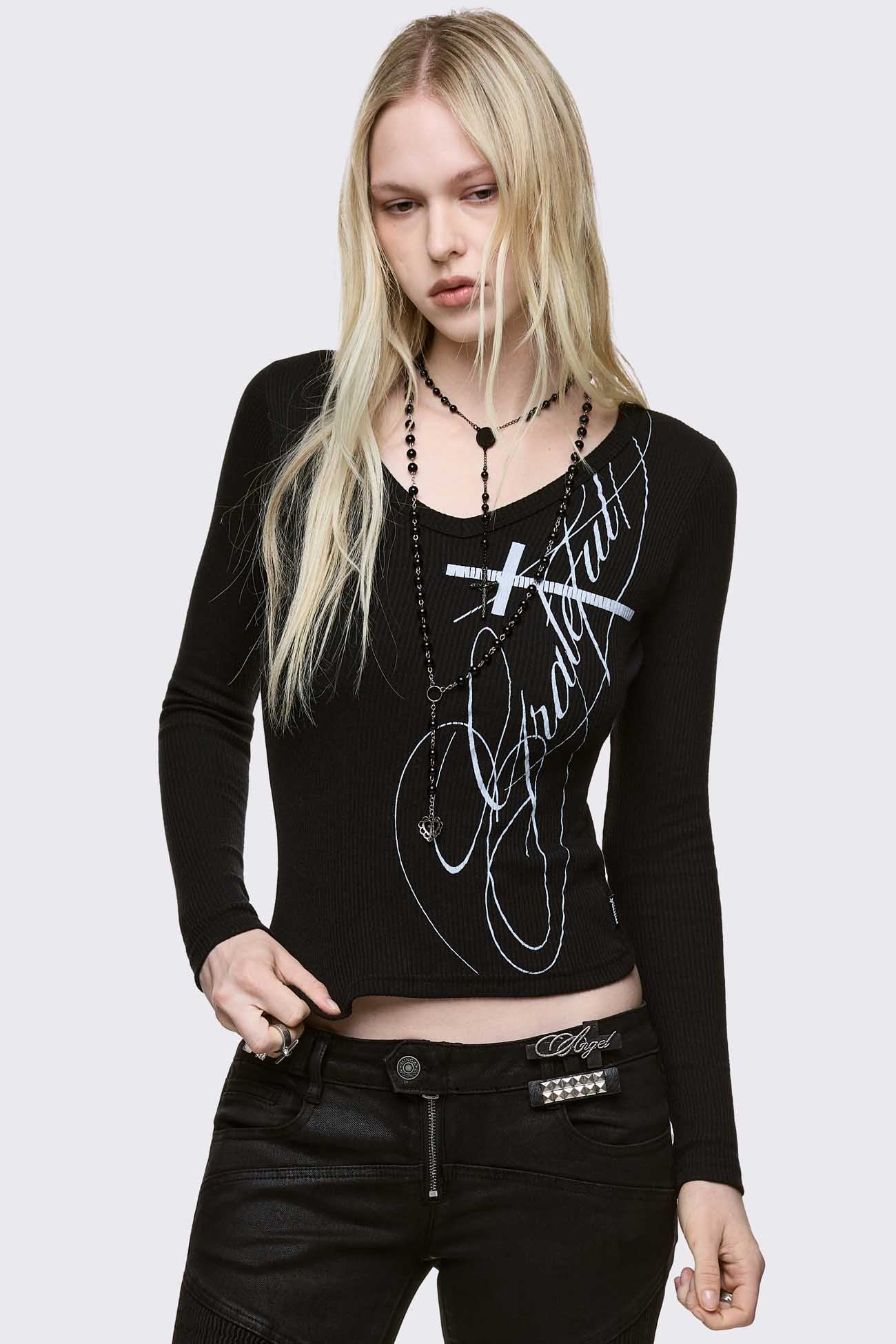 Black Long Sleeve Top with White Cross Graphic | Minga London