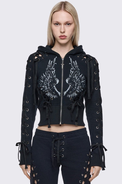 Graphic Wings Lace-Up Zip Up Hoodie | Minga London