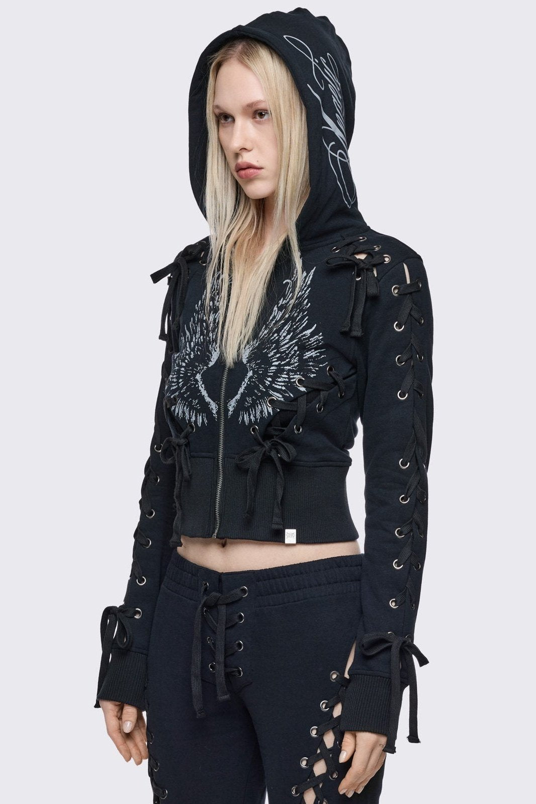 Graphic Wings Lace-Up Zip Up Hoodie | Minga London