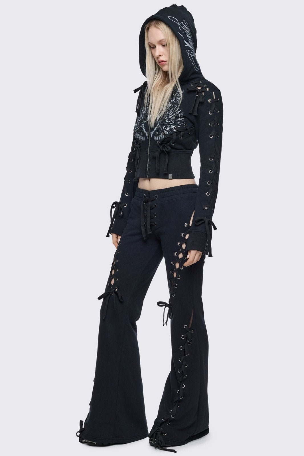 Graphic Wings Lace-Up Zip Up Hoodie | Minga London